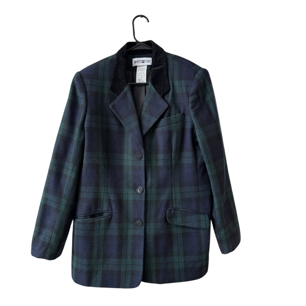 Vintage Plaid Blazer Jacket Velvet Collar Size 10 Blue Green Holidays Festive - Picture 2 of 10